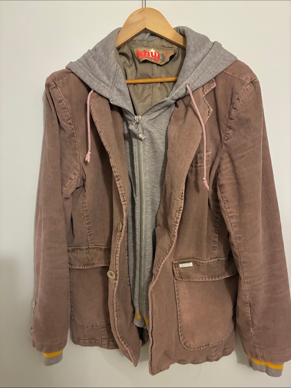 Khujo Corduroy Jacket with Gray Zip Hoodie Layer